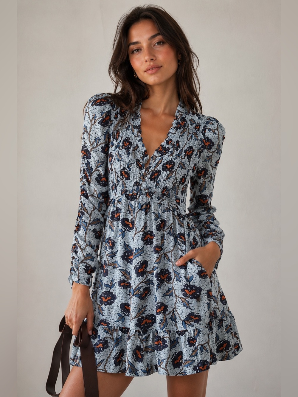 Anthropologie Floral Smocked Mini Dress Blue Orange Size Small